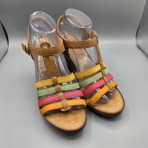 BORN Sandals Womens 9 Tan Rainbow Multicolor Leather Strappy Platform Heels